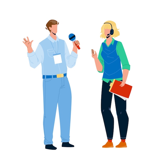 Speaker Man And Woman Speak On Conference Vector. Speaker Boy And Girl Couple Speaking On Business Meeting Or Festival, Sport Event Or Presentation. Characters Flat Cartoon Illustration