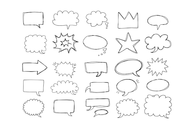 Vector speaking hand drawn doodle bubbles set talk clouds sketch frames speech thought balloon shapes