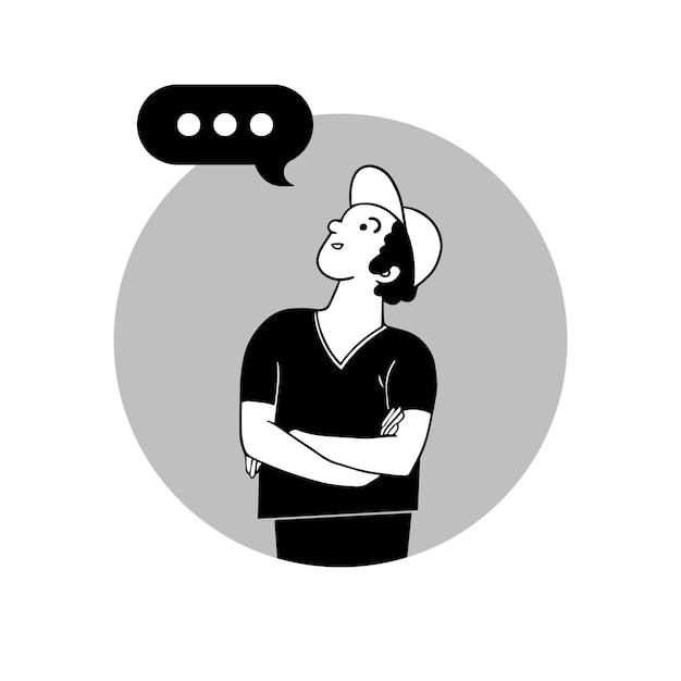 Speaking man with speech bubble, vector illustration. Drawing of asking boy. Sketch of human emotions sign.