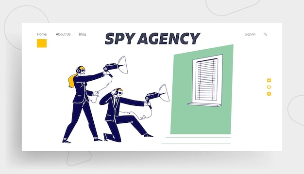 Special Agents with Professional Surveillance Equipment Landing Page Template. Characters in Dark Formal Wear Eavesdrop with Radars at Window. Secret Service, Spy, FBI Work. Linear Vector Illustration