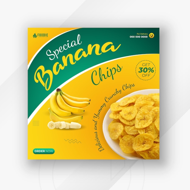 Special banana chips social post design package poster for food on yellow gradient color background