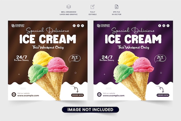 Special chocolate ice cream social media post vector with purple and dark backgrounds Dessert business advertisement poster design with abstract shapes Ice cream sale discount template vector