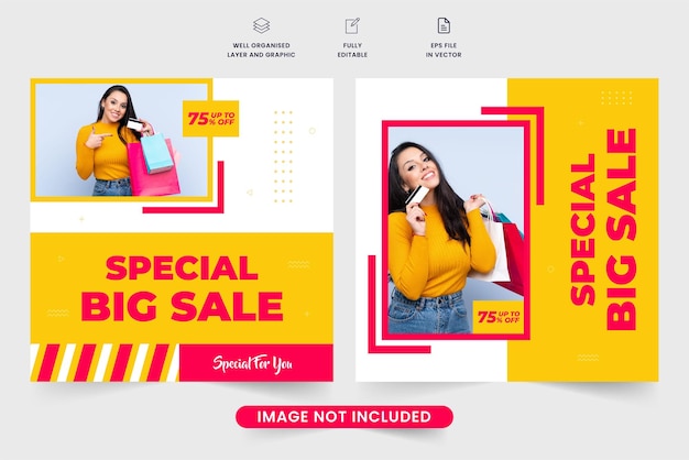 Special clearance sale social media post vector with discount offer sections Fashion sale and discount template design with yellow and red colors Modern business advertisement web banner vector