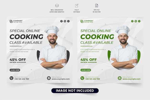 Special cooking class social media marketing template design with dark and green colors Culinary web banner design with photo placeholders Cooking lesson advertisement poster template