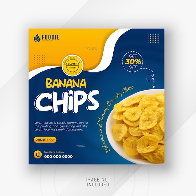 Special crunchy banana chips food and beverage packaging poster for social media post design