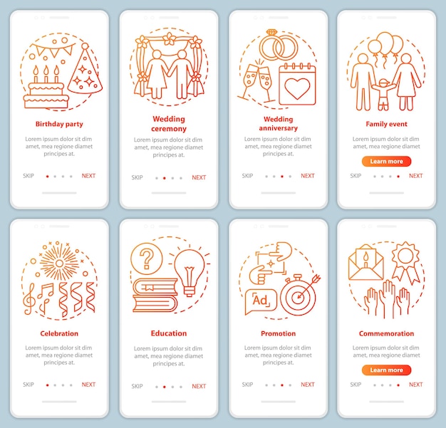 Special event management onboarding mobile app page screen with linear concepts