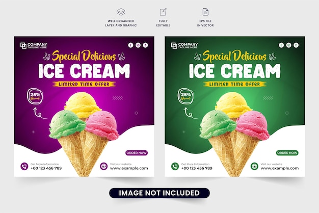 Special ice cream promotion poster design for digital marketing Ice cream and dessert sale discount template with purple and green colors Ice cream social media post vector with abstract shapes