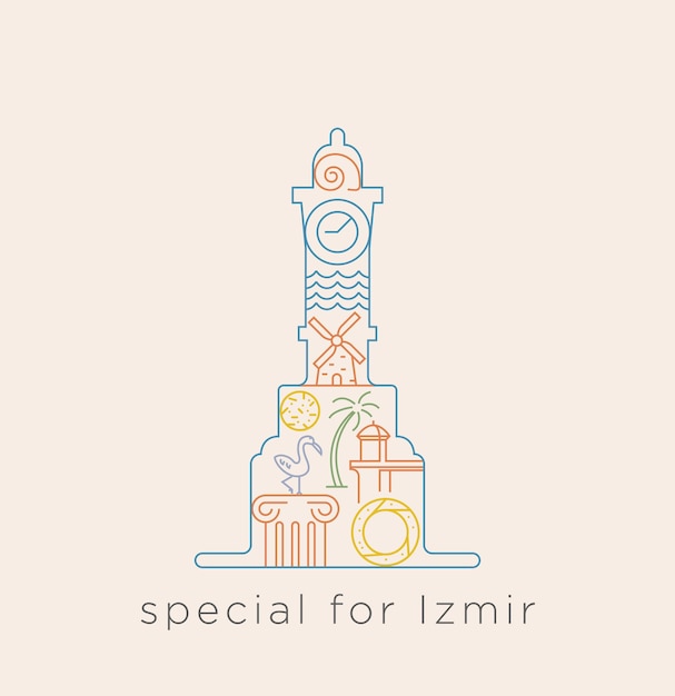 Special icon series for Izmir. Line collage izmir related to Historical places, Alacati Windmill