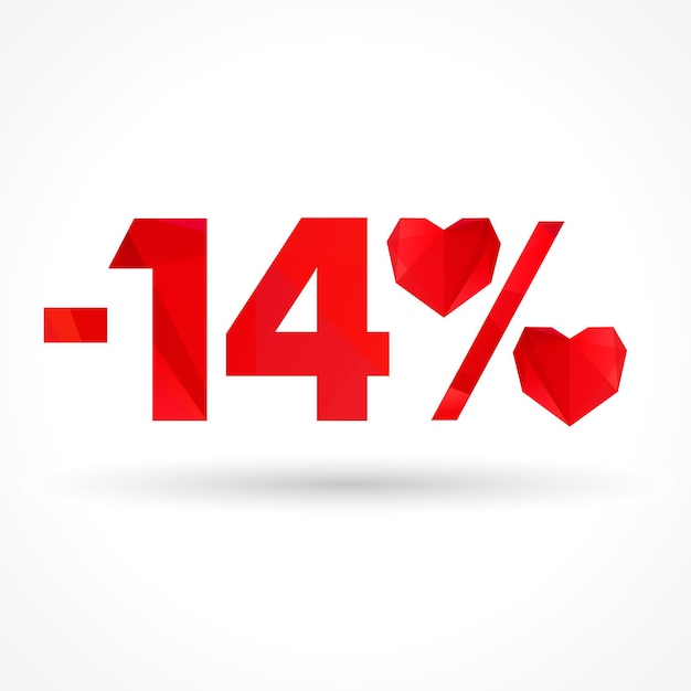 Special offer -14 percent off sale. Valentine's day shopping symbol with creative 3D hearts.