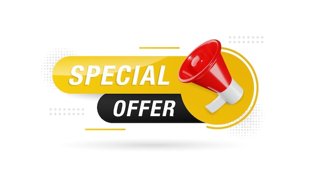 Special offer banner promotion template with 3D megaphone on white background. Special deal label