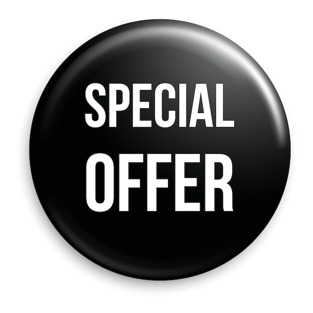 Special offer black metal tag Realistic shiny round button isolated on white background