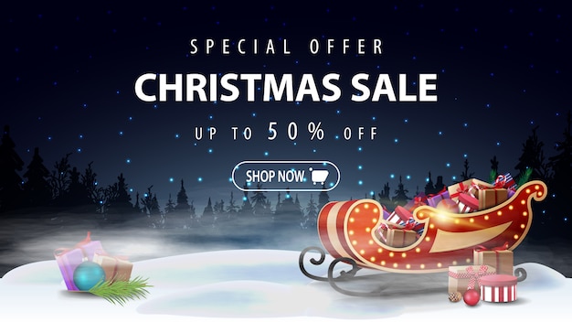 Special offer, Christmas sale, up to 50% off, discount banner with night winter landscape and Santa Sleigh with presents in the fog