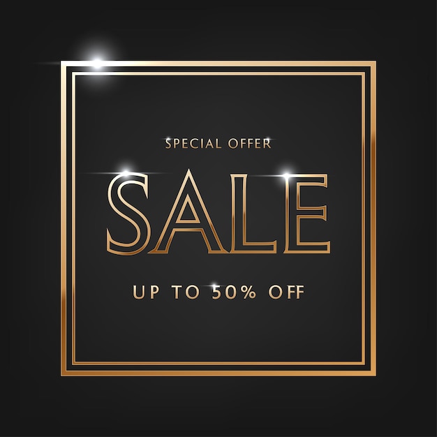 Special offer sale, golden text. Sale vector lettering of gold on black background.