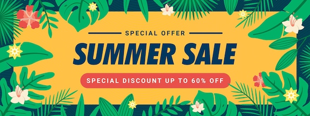 Special offer summer sale banner template with square frame and green leaf 