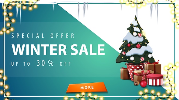 Special offer, winter sale, up to 50 off, blue and white discount banner with orange button, icicles, garland and Christmas tree in a pot with gifts