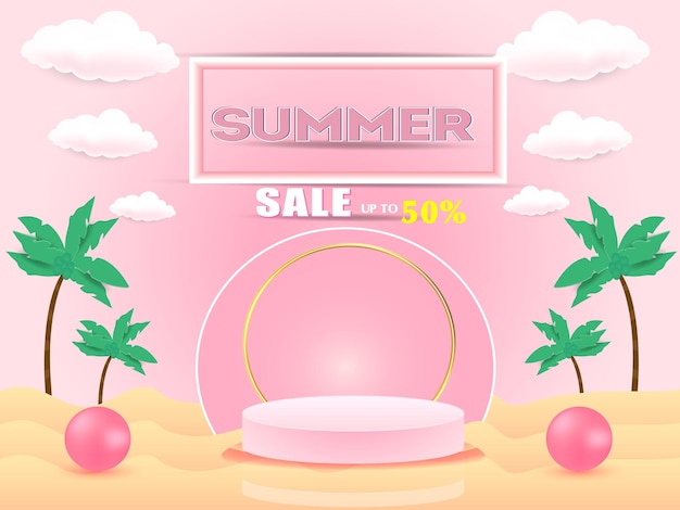 Special summer sale banner template with beach elements and holiday summer 3d podium display