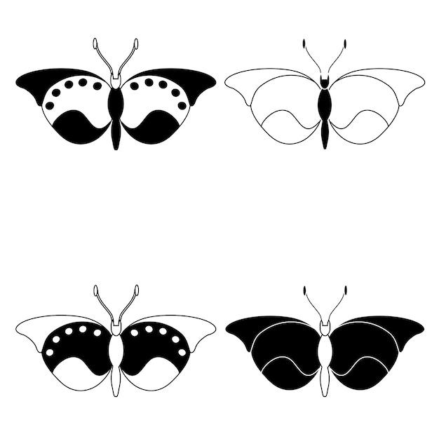 Species set black and white butterfly insects flat style