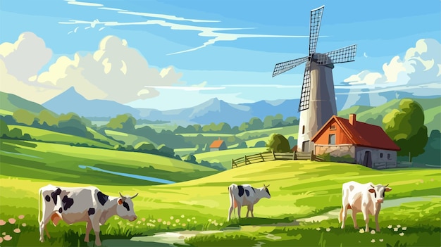 Vector spectacular rural landscape with farm building and windmill