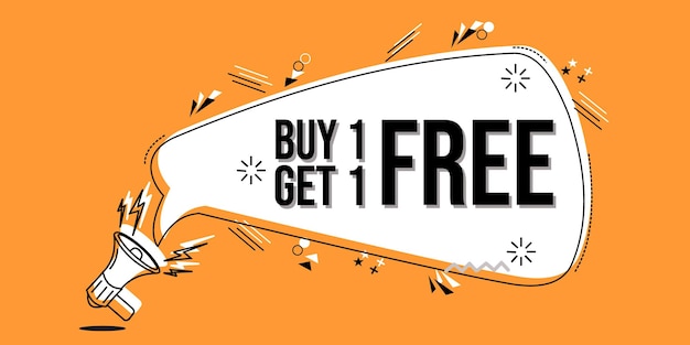 Vector speech bubble ad banner with text buy one get one free orange color comic background