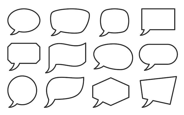 Speech bubble banner set line style Different abstract geometric shape cloud balloon Blank linear speak sign for text chat message communication talk dialog Empty label template frame