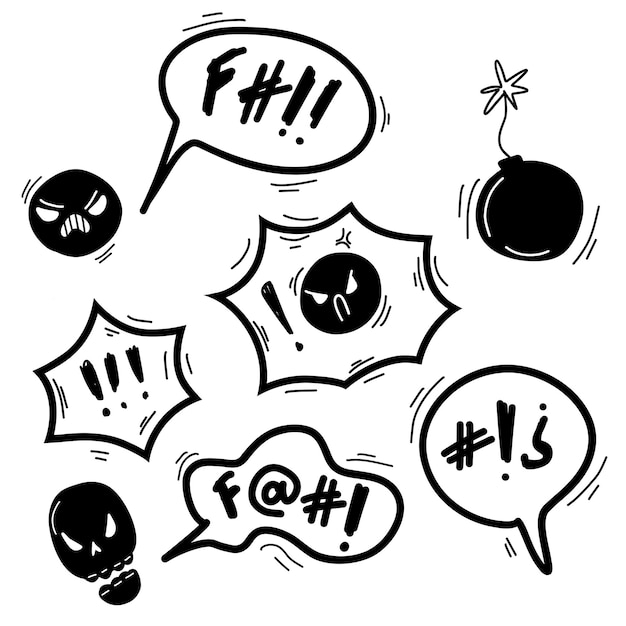 Speech bubble with swear words symbols Doodle hand drawn comic speech bubble with curses skull