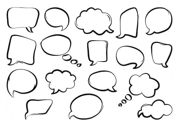 Speech bubbles, hand drawn, outline design.