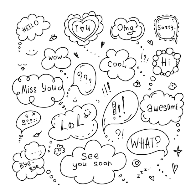 Speech bubbles set in doodle style Hand drawn dialog clouds with phrases Hello Hi Miss you Lol