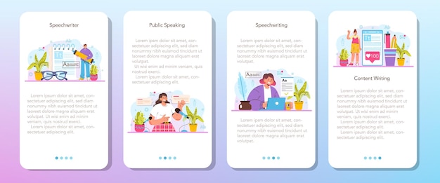 Speechwriter mobile application banner set. Professional speaker or journalist write a content for a public announcement. Copywriter creating text for media. Flat vector illustration