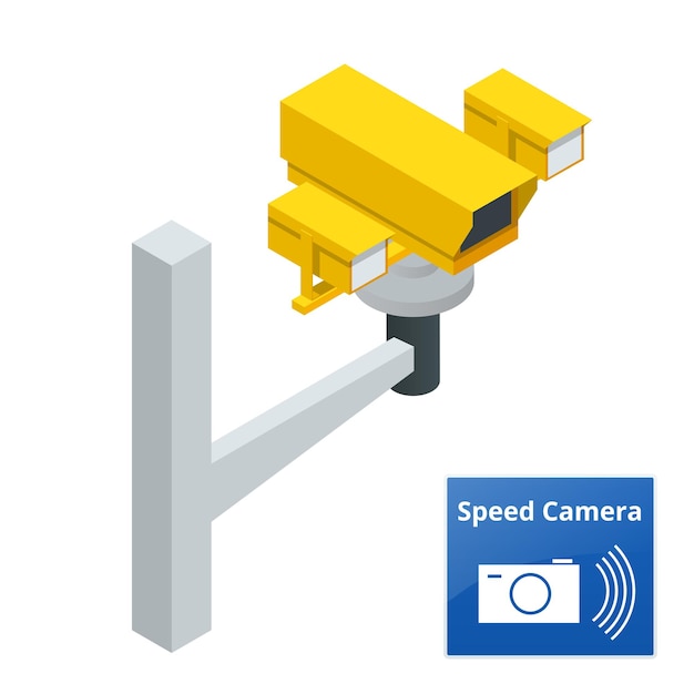 A speed control radar camera. Speed camera isolated on white background. Radar camera isometric. Speed photo camera. Traffic speed camera. Traffic speed trap camera and road police radar.