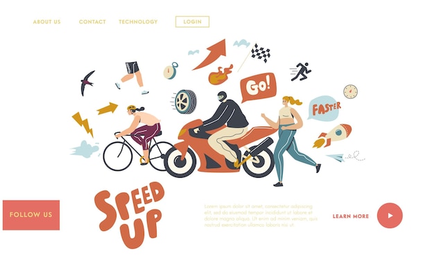 Speed Landing Page Template. Characters Riding Bicycle and Motorbike, Running Fast. Motocross, Rally and Race Competition, Sports Activity, People Moving with High Speed. Linear Vector Illustration