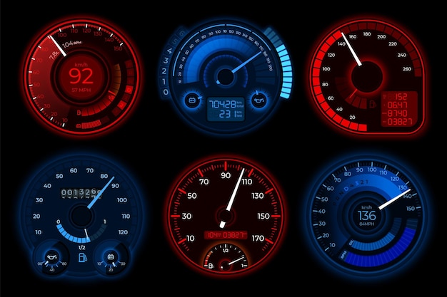 Speedometer Auto speedometers car boost dashboard Isolated circle automobile or motorbike power Speed control panels recent vector set