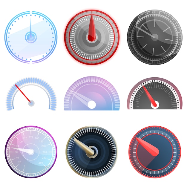 Speedometer icon set, cartoon style