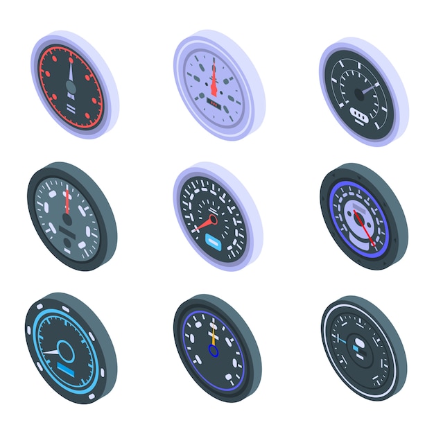 Speedometer icons set, isometric style