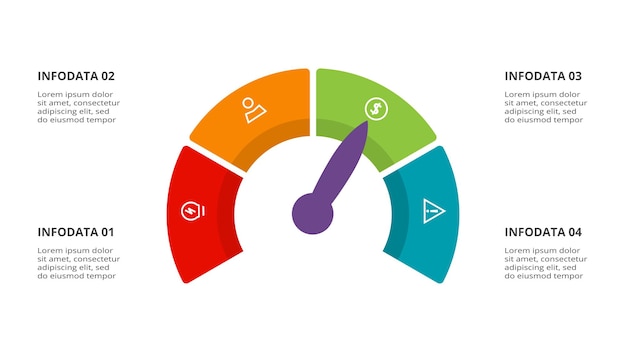 Speedometer infographic with 4 elements template for web business presentations vector illustration Business data visualization