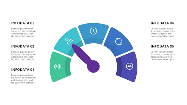 Speedometer infographic with 5 elements template for web business presentations vector illustration