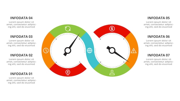 Speedometer infographic with 7 elements template for web business presentations vector illustration Business data visualization