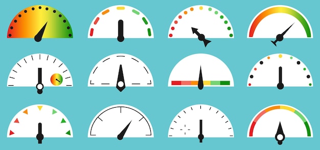 Speedometers and indicators scales with gradient icon set Speed concept Collection of rating