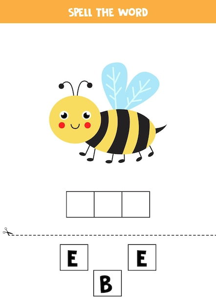 Spell the word bee.   illustration of cute bee. Spelling game for kids.