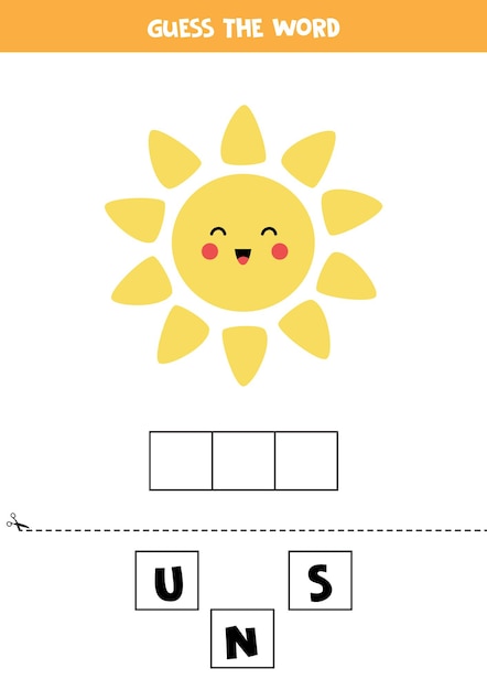 Spell the word sun.   illustration of cute kawaii sun. Spelling game for kids.