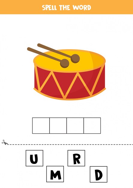 Spelling game for children. Colorful cartoon drum.