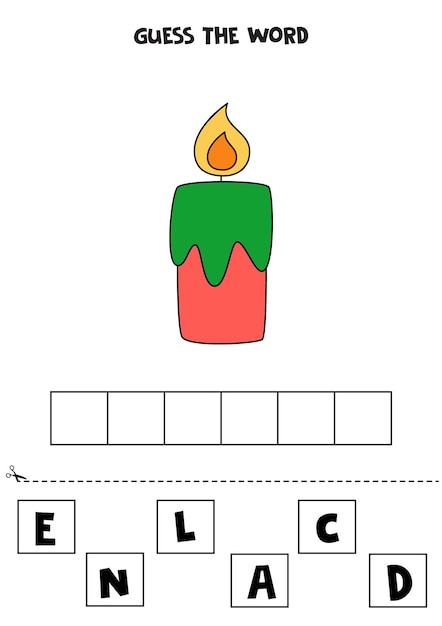 Spelling game for kids. Cartoon candle for Christmas.