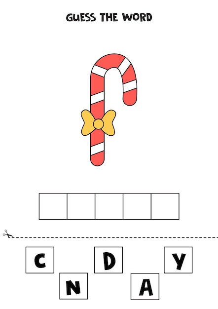 Spelling game for kids. Cartoon Christmas candy.