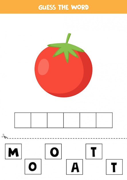 Spelling game for kids. Cartoon red tomato.