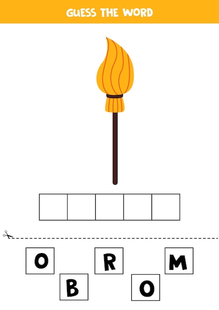 Spelling game for kids. Cute cartoon broom.