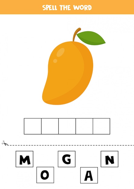 Spelling game for kids with cute cartoon mango.