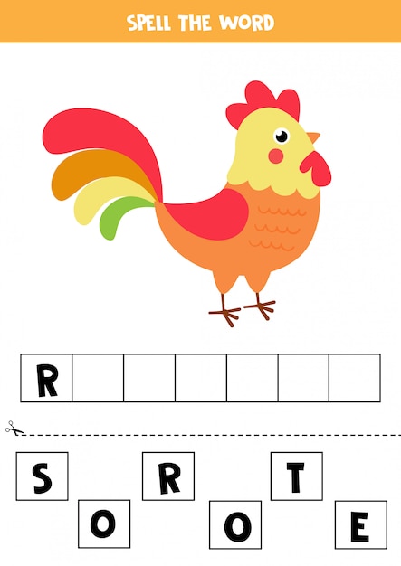 Spelling game for kids with cute cartoon rooster.