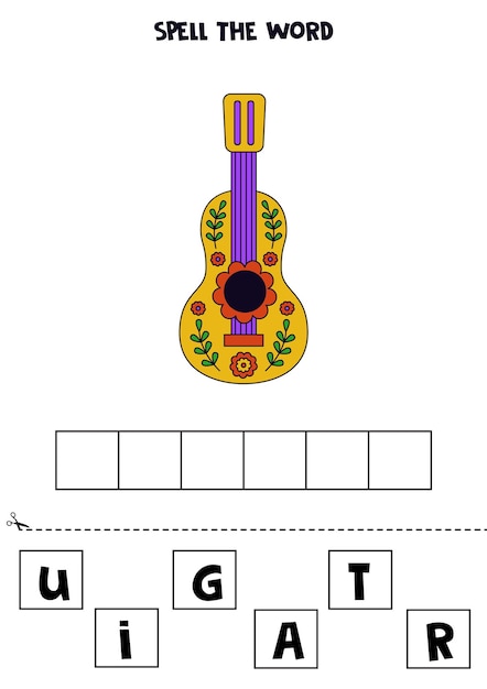 Spelling game for preschool kids Colorful floral guitar