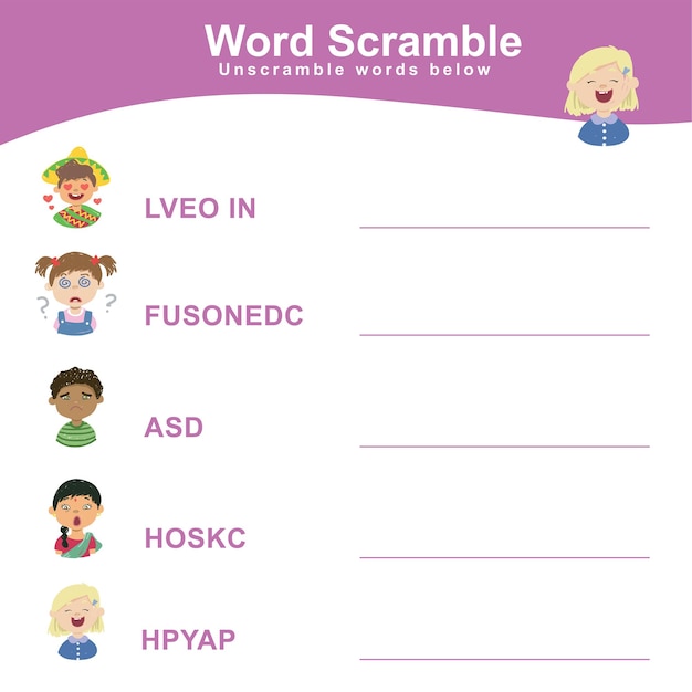 Spelling Word Scramble worksheet. Feelings vocabulary. Preschool Education. Vector illustration.