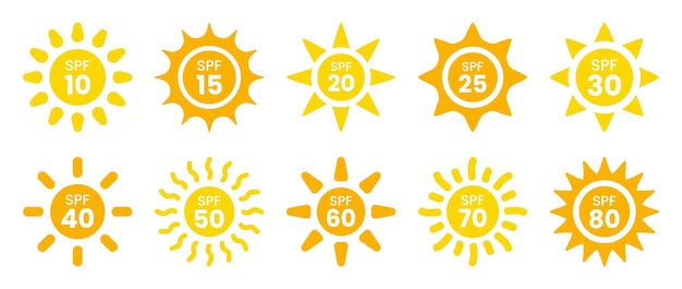 SPF icon set. UV protection sign collection.