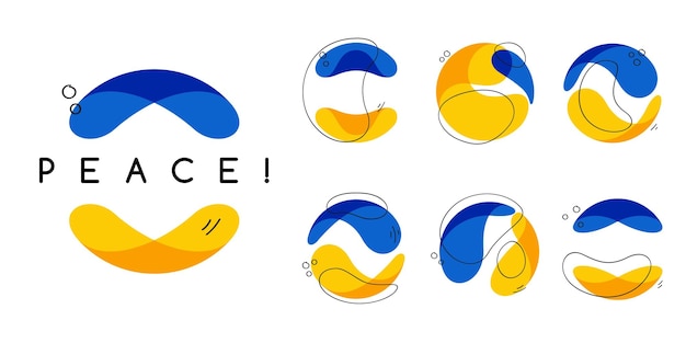 Sphere logo in Ukrainians flag colors with Peace lettering Colorful vector emblems in flat style